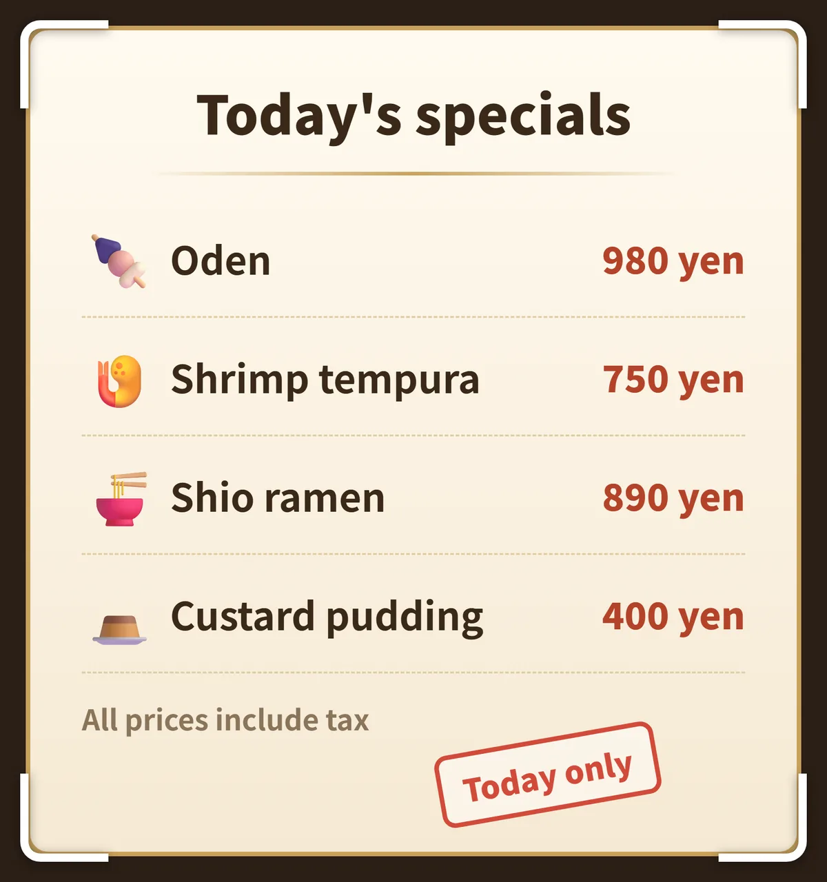 A Japanese restaurant menu photographed and translated into English